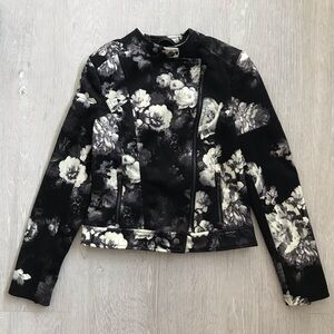 Piperlime Monochrome Floral Print Moto Jacket
